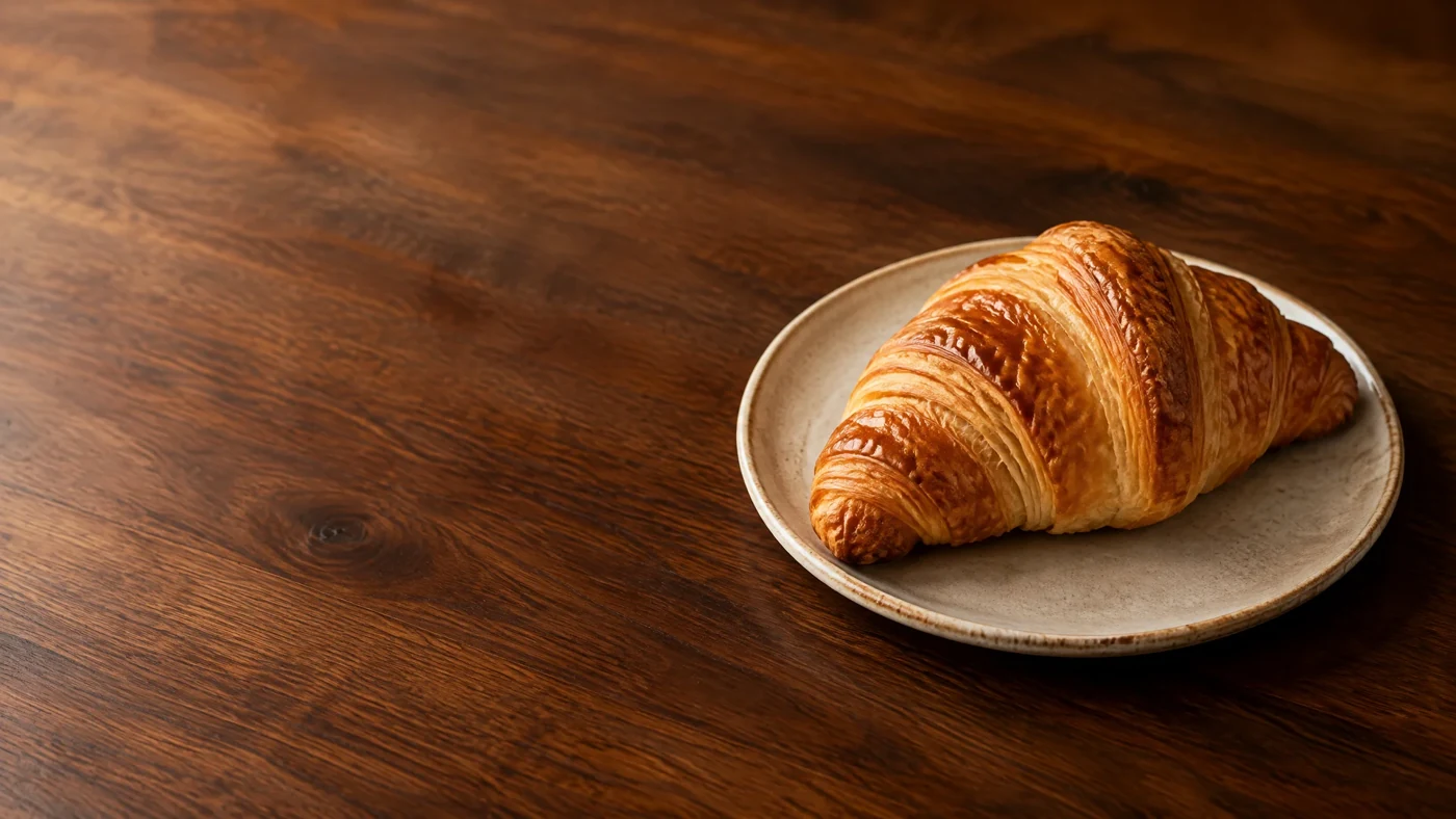 A butter croissant on a café table