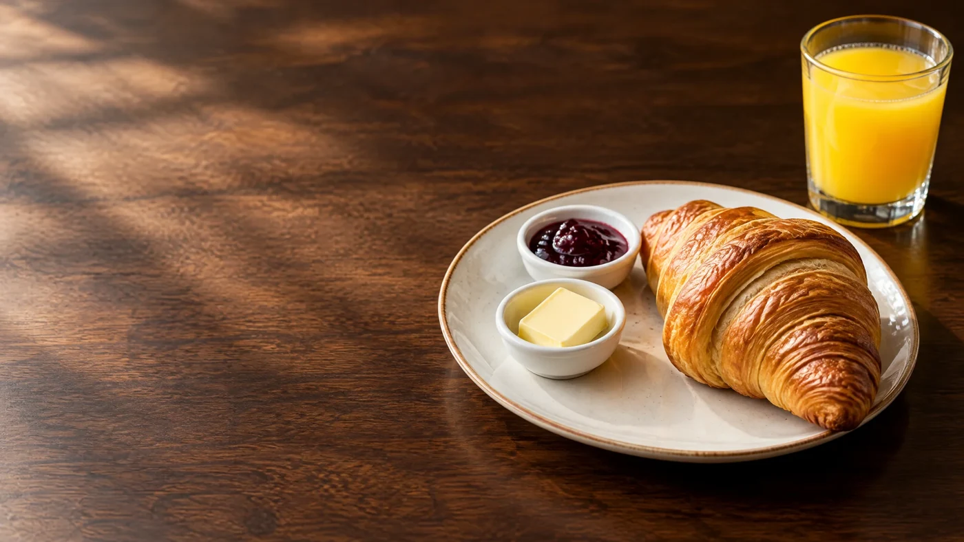 Croissants with orange juice, butter and jam